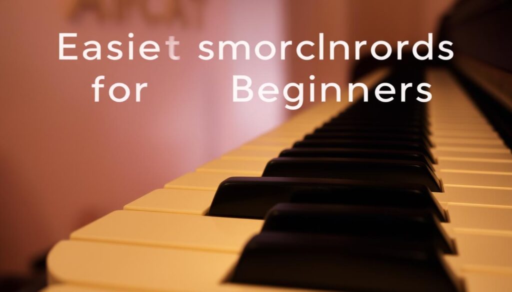 A beautifully lit piano keyboard against a soft, atmospheric background. The keys are illuminated, inviting the viewer to sit down and play. Delicate piano chord patterns, simple yet elegant, are clearly visible on the keys, guiding the beginner pianist. The composition is balanced, with the keyboard occupying the foreground, and a warm, muted backdrop that adds depth and a sense of tranquility. The lighting is subtle, casting gentle shadows that accentuate the contours of the keys. The overall scene conveys a sense of calm and encouragement, perfect for illustrating the "Easiest Chords for Beginners" section of the article.