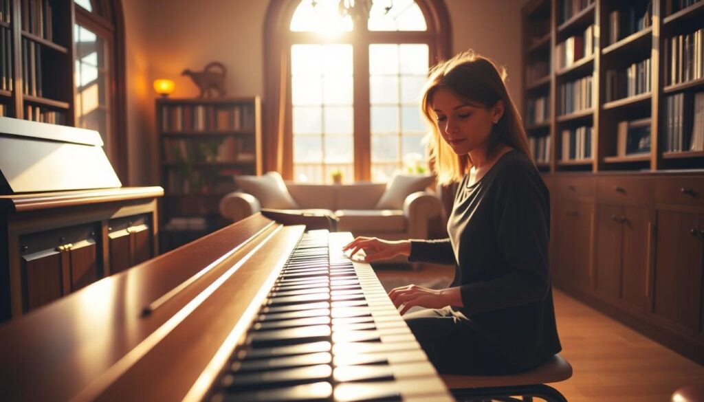A cozy living room with a piano in the foreground, the keys gleaming under the warm, golden lighting. A beginner sits at the piano, their fingers tentatively pressing the keys, a look of concentration on their face. Bookshelves line the walls, casting a scholarly ambiance, and a large window in the background allows soft, natural light to filter in, creating a serene and inviting atmosphere. The scene conveys a sense of focus, commitment, and the joy of embarking on a new musical journey, perfectly capturing the "Choosing a Simple Piece" section of the article.