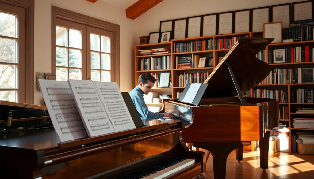 A cozy, well-lit home studio with a grand piano in the foreground, sheet music and an open laptop on a wooden desk. In the middle ground, a musician is seated at the piano, intently listening and playing with a focused expression. The background features a wall of bookshelves filled with music theory books and an array of framed certificates, suggesting a learning environment. Warm, natural lighting filters through large windows, creating a inviting, educational atmosphere perfect for easy beginner piano songs learning methods.