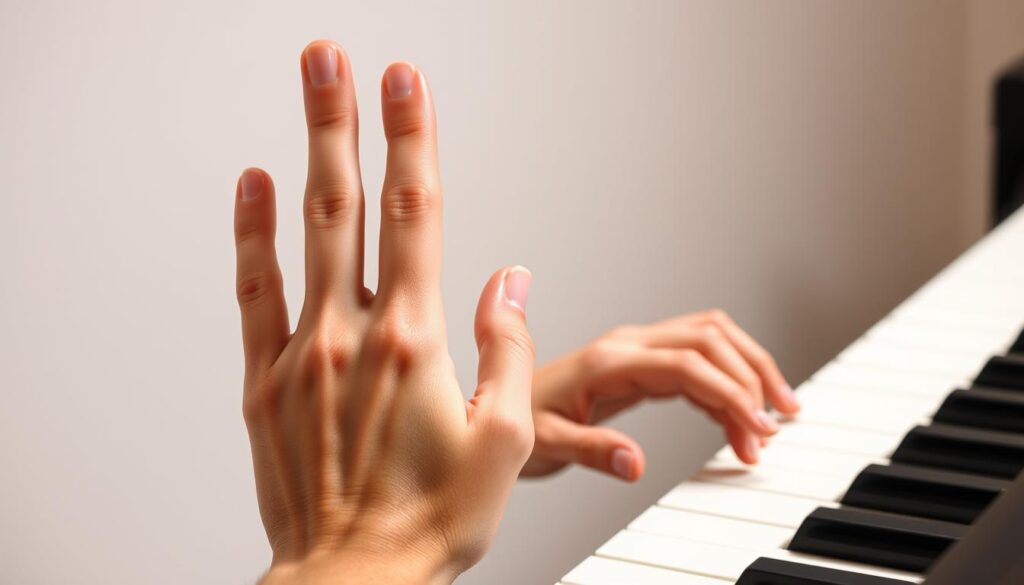 A detailed close-up view of a pianist's hands positioned for a five-finger scale exercise. The fingers are evenly spaced with the thumb tucked under, gently curved and relaxed. The palms are slightly arched, the wrists are aligned with the forearms, and the elbows are positioned at a comfortable, natural angle. Soft, even lighting illuminates the hands from the side, casting subtle shadows that highlight the finger and hand contours. The background is a simple, uncluttered studio setting, allowing the focus to remain on the proper hand positioning for this essential piano technique.