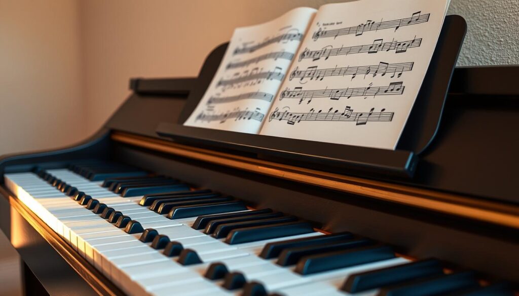 A detailed, well-lit piano keyboard layout with sheet music open atop, showcasing the correspondence between the musical notes and their placement on the keys. The piano is set against a softly blurred, neutral background, creating a focused, educational atmosphere. The lighting is warm and natural, accentuating the tactile quality of the piano and sheet music. The camera angle is slightly elevated, providing a clear, comprehensive view of the keyboard and sheet music, allowing the viewer to easily understand the relationship between the two. The overall scene conveys a sense of calm instruction, inviting the viewer to explore the fundamentals of reading sheet music on the piano.