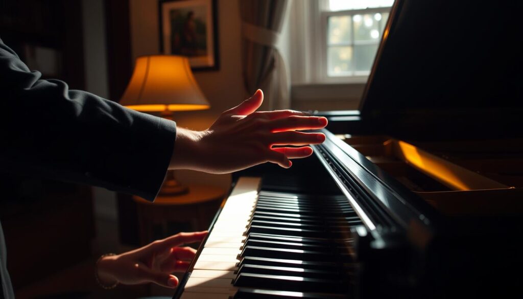 A dimly lit home studio, the warm glow of a table lamp illuminating a grand piano. A musician's hands hover above the ivory keys, poised to begin a series of delicate warm-up exercises. The camera captures a close-up, highlighting the precise movements and muscle memory of the performer. Sunlight filters in through a nearby window, casting soft shadows that accentuate the elegant lines of the piano. The atmosphere is one of focused concentration, as the musician prepares to launch into a carefully crafted daily routine.
