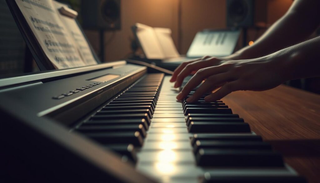 A dimly lit piano keyboard resting on a wooden table, with hands elegantly positioned to play a flowing chord progression. The instrument is bathed in warm, soft lighting, casting subtle shadows that accentuate the curve of the keys. In the background, a blurred, atmospheric studio setting with hints of musical scores and recording equipment, creating a contemplative, practice-oriented ambiance. The composition emphasizes the hands, the keyboard, and the overall sense of focused, musical exploration, inviting the viewer to engage with the interactive chord exercises.