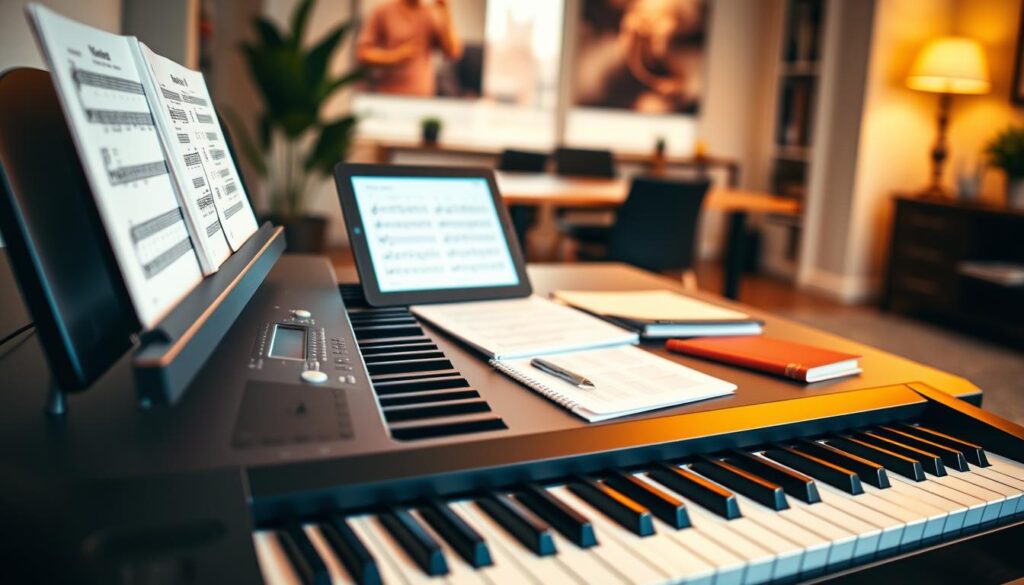 A meticulously composed digital piano practice plan, illuminated by warm ambient lighting and captured through a wide-angle lens. The foreground features a sleek, modern digital piano with intricate controls and a glossy black finish. Surrounding it, a carefully curated arrangement of sheet music, notebooks, and a tablet displaying interactive lesson plans. The middle ground showcases a minimalist, ergonomic workspace with a neutral color palette, allowing the piano and practice materials to take center stage. In the background, a softly blurred but visually appealing home or studio environment, hinting at the dedicated, focused atmosphere of a dedicated piano practice session.