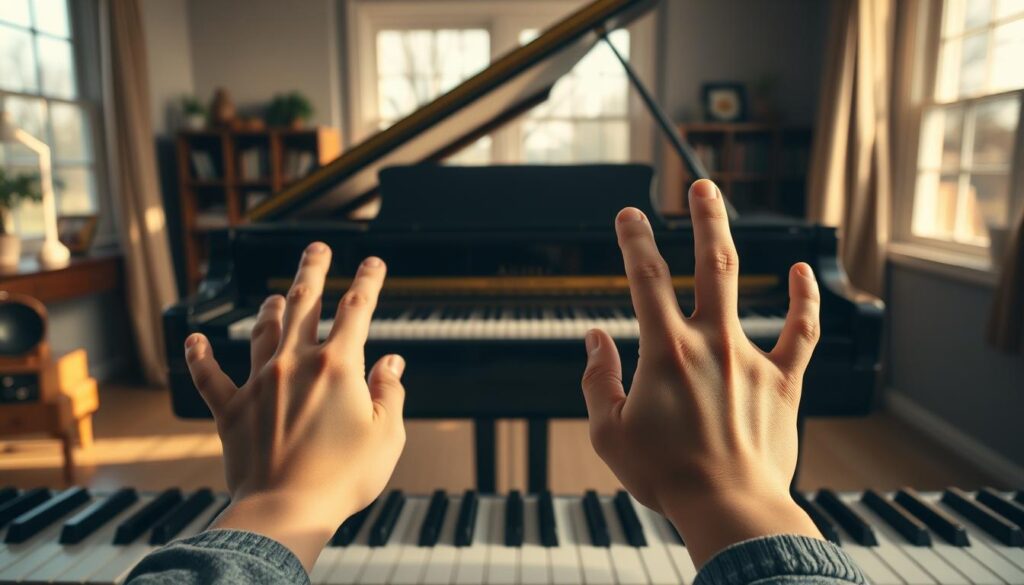 A modestly lit home studio, a grand piano in the center, its keys a striking contrast against the muted tones. In the foreground, a young pianist's hands, one pressing delicately, the other forcefully, demonstrating the dynamics of soft and loud playing. Warm, natural lighting filters in through large windows, casting a pensive, introspective mood. The background is softly blurred, allowing the focus to remain on the hands and the piano, the tools of the pianist's craft. A sense of tranquility and concentration pervades the scene, capturing the essence of practicing piano dynamics for the beginner.