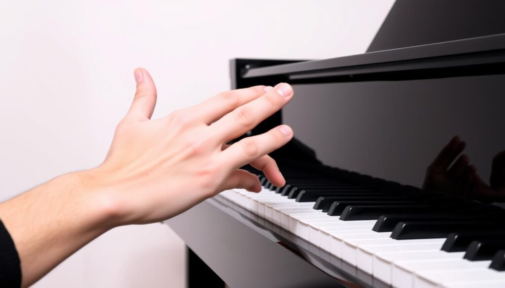 A musician's hand poised over a black grand piano, fingers misaligned with the keys, showcasing the common beginner's mistake of improper finger numbering. The hand is slightly blurred, emphasizing the dynamic motion, while the piano's sleek, reflective surface provides a clean, minimalist backdrop. Soft, directional lighting casts subtle shadows, adding depth and dimension to the scene. The overall mood is one of focused concentration, highlighting the importance of mastering finger positioning for pianists just starting their musical journey.
