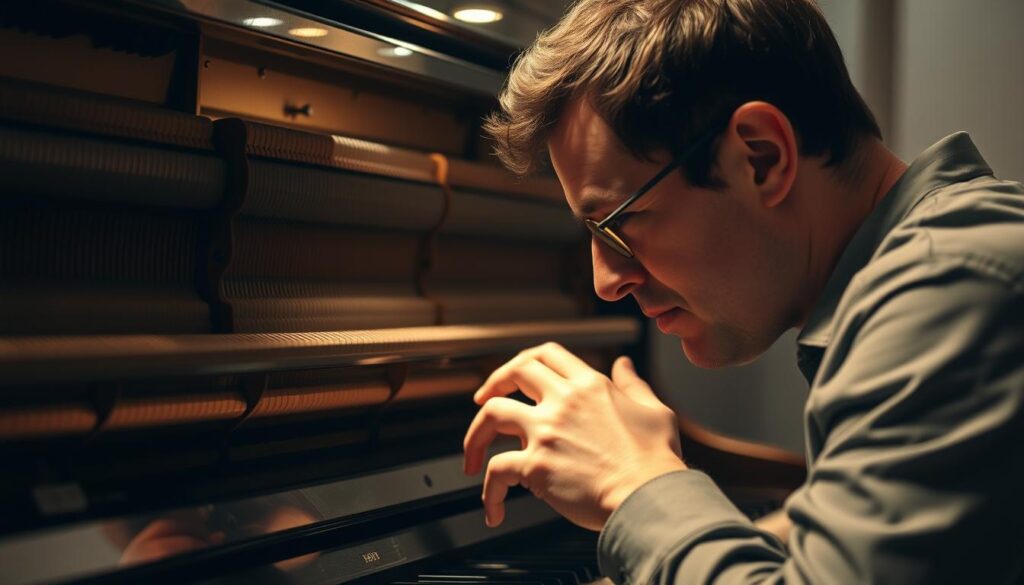 A person intently examining the inner workings of an upright piano, their face illuminated by a warm, focused light. The piano's strings, hammers, and dampers are clearly visible, with the user's hands delicately adjusting various components. The background is hazy, emphasizing the subject's concentration on the task at hand. The scene conveys a sense of technical problem-solving, with the user's expression and body language suggesting a deep understanding of the instrument's rhythmic mechanics.