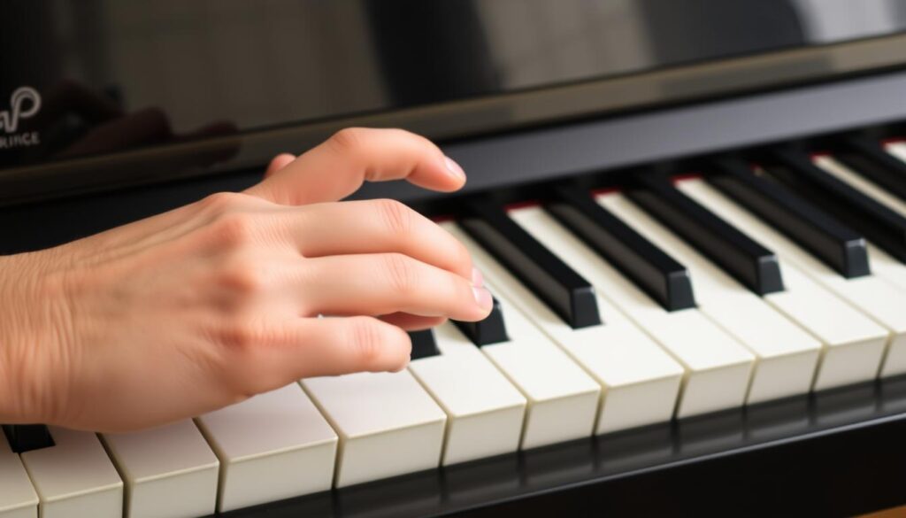 A well-lit, close-up view of a person's hands resting on a piano keyboard, showcasing the proper hand position for beginner piano exercises. The fingers are curved, with the thumbs, forefingers, and middle fingers gently curved and the ring and pinky fingers slightly arched. The palms are lifted, and the wrists are straight, forming a natural, relaxed curve. The lighting is soft and diffused, highlighting the delicate details of the hands and the piano keys. The background is blurred, with a subtle hint of the piano's frame visible, creating a focused, instructional atmosphere.