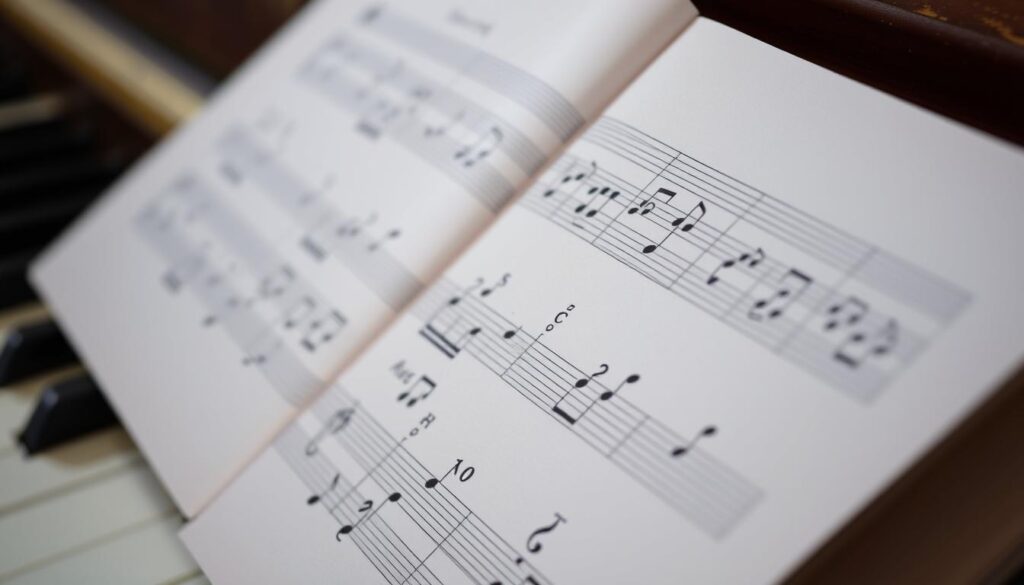 A well-lit, close-up view of piano sheet music, with a focus on the musical clefs, notes, and rests. The sheet music should be positioned at a slight angle, with a soft, diffused lighting that highlights the intricate details of the notation. The keys of a piano should be visible in the background, creating a sense of context and connection to the musical elements. The overall composition should convey a sense of clarity, simplicity, and the essential elements needed for a beginner to understand the fundamentals of reading sheet music.