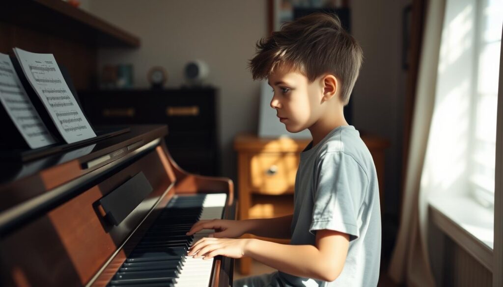 A young pianist sitting at an upright piano, fingers delicately placed on the keys, eyes focused with concentration. The room is bathed in soft, natural lighting, creating a serene and contemplative atmosphere. In the background, subtle hints of sheet music and metronome suggest the dedicated practice session underway. The pianist's posture is upright, elbows positioned correctly, conveying a sense of discipline and technique. The overall scene evokes a tranquil, focused environment where the pianist is carefully honing their skills, preparing for a future performance.