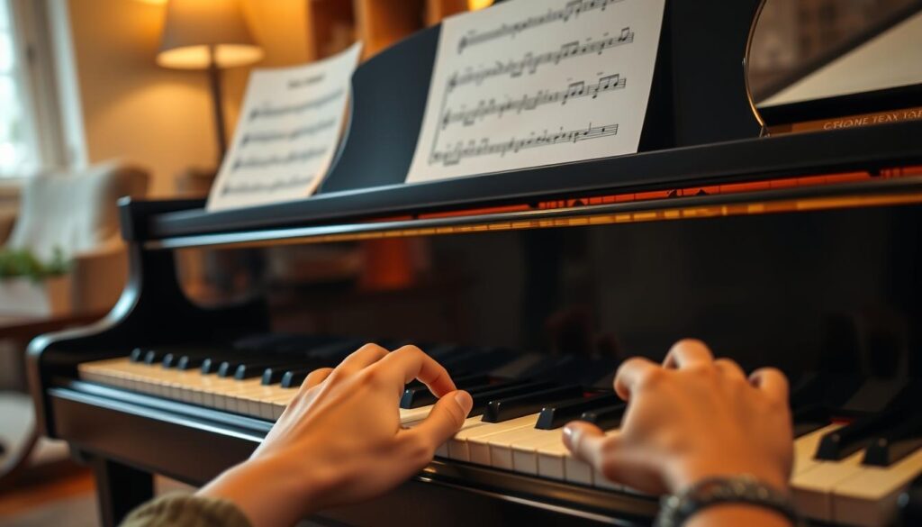 Beginner piano keys practice: A wooden desk with a black grand piano, keys illuminated by soft, warm lighting. The piano's fallboard is open, inviting hands to explore the ivory and ebony keys. Sheet music stands upright, offering simple melodies. In the foreground, a pair of hands, fingers poised on the keys, ready to embark on a musical journey. The background blurs into a cozy, inviting space, hinting at a serene, focused atmosphere conducive to learning and growth.