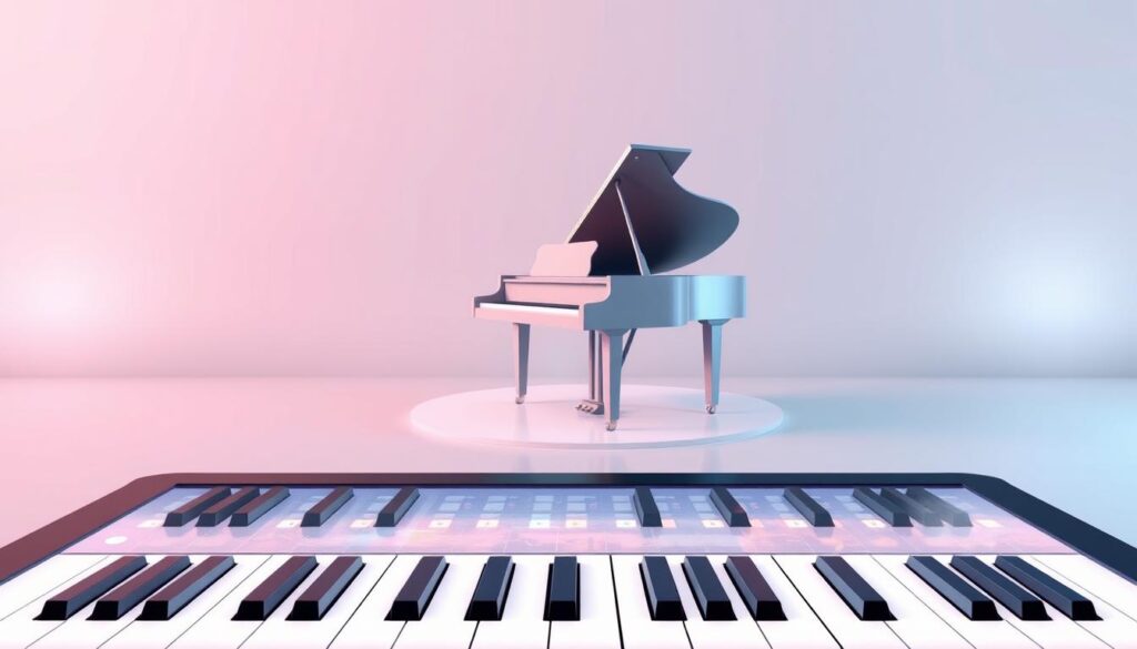 Detailed digital illustration of an interactive piano learning app with a clean, modern design. In the foreground, a large touchscreen interface displays a virtual keyboard with dynamically illuminated keys, enabling hands-on practice. In the middle ground, a realistic 3D piano model rotates, allowing users to view the instrument from different angles. The background features a minimalist, gradient-based environment, with subtle lighting effects creating a serene, inviting atmosphere. The overall composition emphasizes the app's intuitive, immersive approach to teaching piano fundamentals.