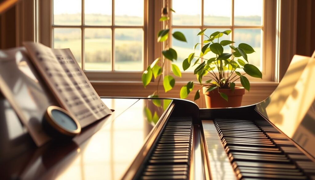 Piano practice plateau strategies, a still life composition. In the foreground, a grand piano with a reflective surface, gleaming under warm, golden lighting. On the piano, sheet music and a metronome, symbolizing the dedication and discipline required to overcome plateaus. In the middle ground, a potted plant, its lush green foliage representing the steady growth and nurturing necessary for progress. The background features a window overlooking a serene, pastoral landscape, suggesting the peaceful, reflective state of mind needed to surmount challenges. The overall mood is one of focused determination, balanced with a sense of tranquility and inspiration.