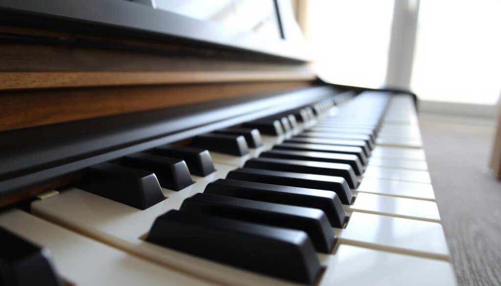 a piano keyboard with a focus on the octave pattern of the white and black keys, lit by natural daylight streaming through a window, with a soft, airy and educational atmosphere, captured with a wide-angle lens to showcase the full layout, showcasing the distinct grouping of 2 and 3 black keys that repeat across the keyboard, the keys slightly worn and textured to convey a sense of use and familiarity, the keyboard set against a simple, uncluttered background to emphasize the subject