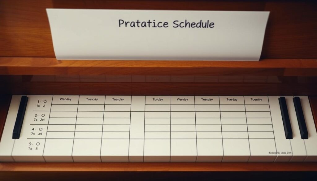 a piano practice schedule with a clean, minimalist design, featuring a simple weekly timetable with blank spaces to fill in practice sessions, with a soft, warm lighting highlighting the wooden surface and providing a cozy, focused atmosphere, shot from a slightly overhead angle to create a sense of organization and structure, with a subtle background gradient that complements the natural tones of the piano and schedule, conveying a sense of productivity and progress for a beginner piano player.