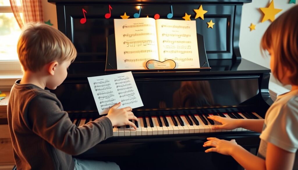 A beautifully arranged piano with two children, one playing the melody with their right hand and the other adding harmony with their left hand. The foreground features sheet music open on the stand, showing notes for "Twinkle Twinkle Little Star," while the children are dressed in modest casual clothing, focused on their playing. In the middle ground, the shiny black piano reflects warm light coming from a nearby window, illuminating the scene with a soft, inviting glow. The background has colorful music-themed decorations, like notes and stars, creating a joyful atmosphere. The overall mood is cheerful and creative, perfect for a learning environment, captured with a slight angle from slightly above to showcase both their hands on the keys.