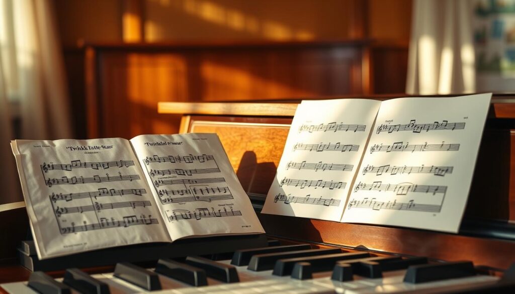 A piano with sheet music opened to "Twinkle Twinkle Little Star" sits prominently in the foreground, showcasing several crossed-out notes and corrections to indicate common mistakes. The middle ground features a pair of hands delicately hovering over the piano keys, illustrating a focused musician’s attempt to play correctly. In the background, a softly lit room with warm wooden tones and gentle sunlight filtering through sheer curtains creates a cozy, inviting atmosphere. The lighting casts subtle shadows on the piano, enhancing the textures of the wood and the paper. The overall mood is one of concentration and learning, emphasizing a supportive environment for overcoming mistakes in musical practice.