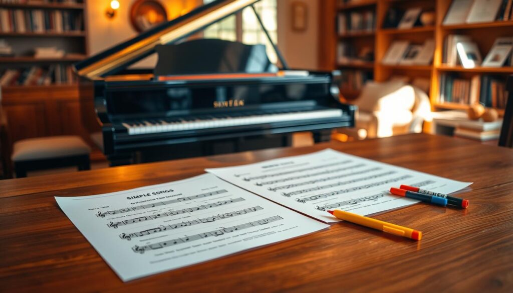 A beautifully arranged piano sheet music titled "Simple Songs" spread out on a polished wooden table. The foreground features neatly printed sheet music with clear, easy-to-read notes and symbols, accompanied by a few colorful music-themed markers scattered around. In the middle ground, a classic grand piano, with its glossy black finish, reflects warm, soft lighting from a nearby window. In the background, gentle hues of a cozy music room filled with warm wooden tones and shelves lined with books and additional sheet music create a welcoming atmosphere. The overall mood is inspiring and tranquil, inviting beginners to explore their musical journey. The scene captures a moment of creativity and simplicity, perfect for illustrating the joy of learning piano.