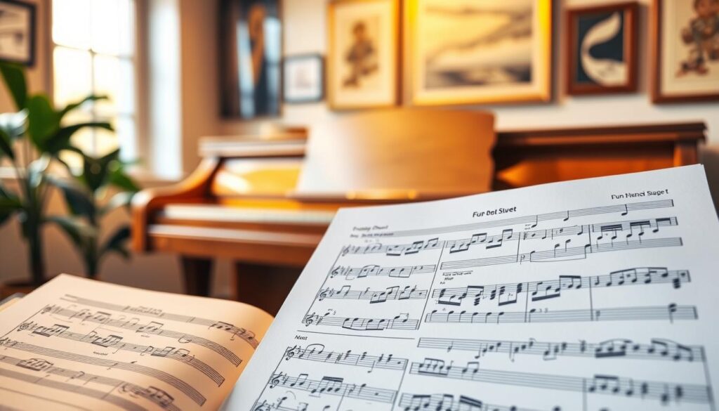 A beautifully arranged sheet of fun duet piano music, displaying elegant notes and playful melodies. In the foreground, the sheet music is open to an engaging duet specifically designed for beginners, featuring clear and large notes for easy reading. The middle ground showcases a softly lit piano with a polished finish, inviting beginners to practice together. In the background, a cozy room adorned with framed music-themed art, where warm, golden light filters through a window, creating a cheerful and encouraging atmosphere. The overall mood conveys joy and a sense of teamwork, perfect for instilling confidence in novice players.