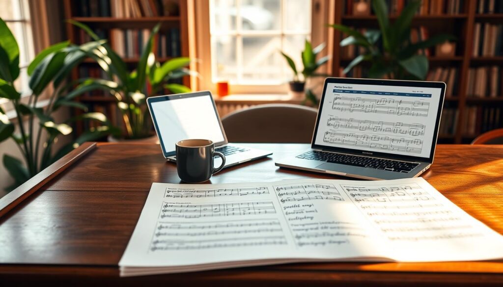 A beautifully organized piano practice plan laid out on a classic wooden desk, showcasing a neatly arranged sheet music folder filled with diverse song repertoire. In the foreground, a polished grand piano glimmers softly under warm, natural light streaming through a nearby window, casting gentle shadows. In the middle ground, the desk features a laptop displaying a digital practice tracker alongside a coffee mug, creating a cozy atmosphere perfect for focused learning. The background includes lush green plants to enhance the fresh, inspiring environment, with soft, blurred details of bookshelves lining the walls. The overall mood is calm and inviting, ideal for a music learner's journey, evoking determination and creativity in mastering the piano.