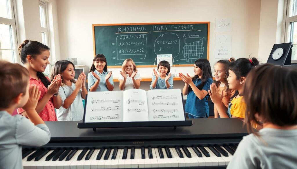 A bright and engaging classroom scene focusing on basic rhythm exercises. In the foreground, a diverse group of beginner piano students, aged 8-12, enthusiastically clapping their hands in unison, dressed in casual yet tidy clothing. The middle ground features a piano with sheet music displaying simple rhythmic patterns, including quarter notes and eighth notes. The background shows a chalkboard with rhythm diagrams and a metronome, enhancing the learning atmosphere. Soft, natural lighting floods the room through large windows, creating a warm and inviting mood. The angle captures both the students and the piano, emphasizing interaction and focus on rhythm practice without any distractions. The overall vibe is supportive and encouraging, perfect for aspiring young musicians.