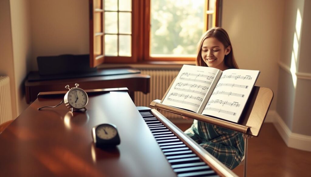 A bright and inviting piano studio setting, featuring a well-polished grand piano in the foreground, keys glistening under soft, diffused lighting. A metronome sits on a nearby music stand, showing a steady beats-per-minute. In the middle, sheets of music are elegantly spread out, displaying simple melodies with large, clear notes to emphasize the counting basics. An open window in the background allows warm daylight to filter in, casting gentle shadows that create a serene atmosphere. A beginner pianist, dressed in modest casual attire, sits at the piano, concentrating on their sheet music with a joyful yet focused expression. The overall mood is encouraging and inspiring, perfect for a learning environment.