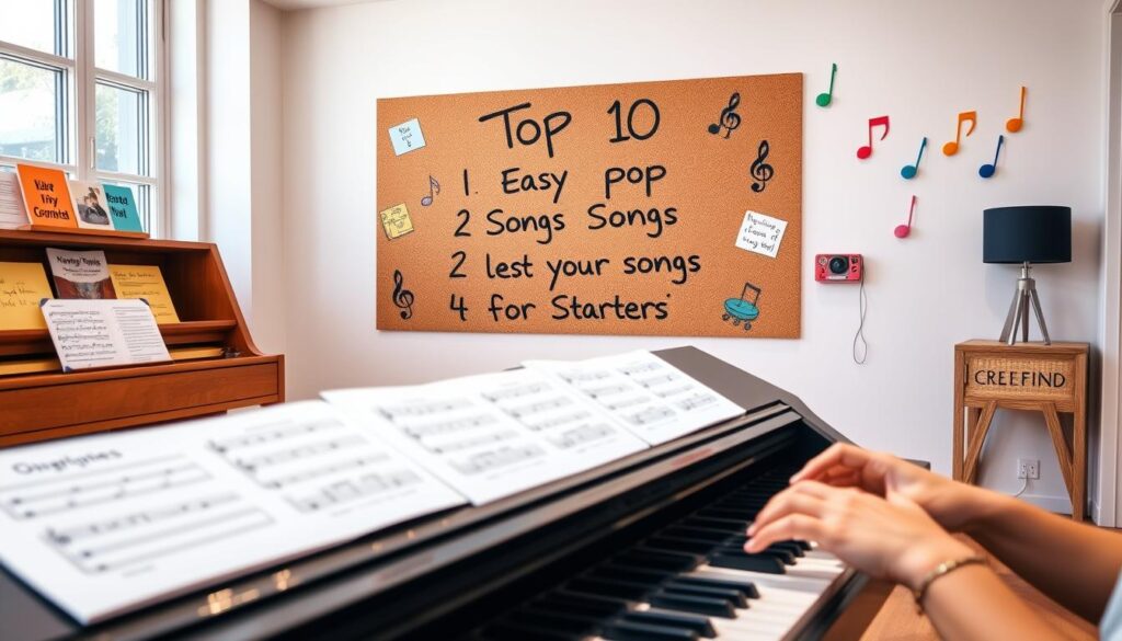 A bright and inviting piano studio setting, showcasing a well-lit room with a grand piano in the foreground, adorned with colorful sheet music of popular songs. A close-up view of a pair of hands playing simple chords, demonstrating a beginner-friendly approach. In the middle ground, a large corkboard displays handwritten notes listing the "Top 10 Easy Pop Songs for Starters," surrounded by artful decorations like musical notes and playful colors. The background features large windows with natural light streaming in, illuminating the room with a warm, cheerful atmosphere. The mood is inspiring and encouraging, evoking a sense of joy and creativity in learning music, perfect for aspiring piano players.