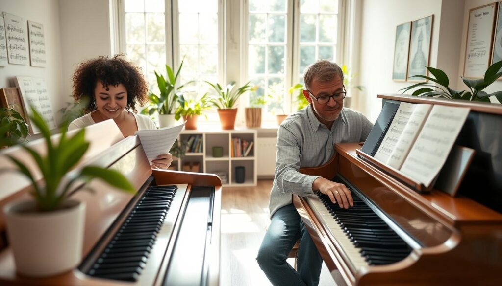 A bright and inviting room featuring two pianos side by side, showcasing an engaging piano duet practice session for beginners. In the foreground, a diverse pair of individuals, dressed in modest casual clothing, are focused on their sheet music, which is filled with simple, beginner-friendly duet arrangements. One is a young woman with curly hair, while the other is a middle-aged man with glasses, both embodying excitement and cooperation. In the middle ground, soft natural light streams in through large windows, casting gentle shadows. Potted plants add a touch of warmth to the setting, creating an inspiring atmosphere for learning. The background displays music posters and a small bookshelf filled with music books, emphasizing the educational theme. The lens captures the scene with a soft focus, enhancing the inviting and relaxing mood.