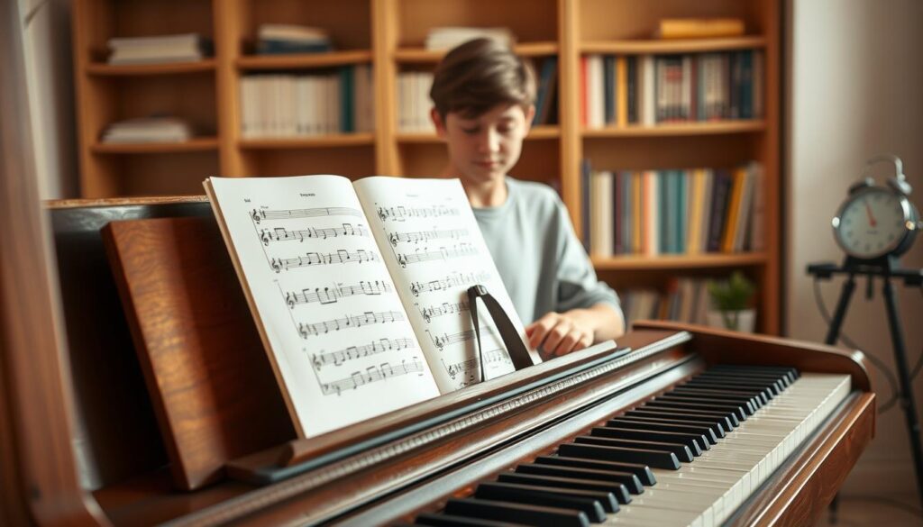 A clear and engaging workspace for beginner piano rhythm exercises, featuring a wooden piano in the foreground with sheet music open on the stand. The sheet music displays simple counting exercises with a mix of notes and rhythmic symbols. In the middle ground, a young, focused musician in modest casual clothing practices, hands poised over the keys, demonstrating concentration and determination. The background includes a softly blurred bookshelf filled with music theory books and a metronome ticking rhythmically, invoking a sense of learning and discipline. The lighting is warm and inviting, casting gentle shadows that enhance the cozy atmosphere, while a shallow depth of field emphasizes the piano and sheet music. The overall mood conveys encouragement and the joy of learning music.