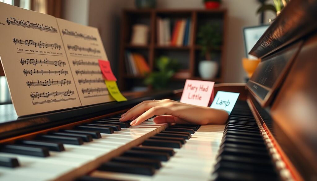 A close-up view of a brightly lit piano with sheet music placed on the stand, featuring notes and markings for easy piano songs, like simple melodies for beginners. In the foreground, a pair of hands in modest casual clothing lightly touch the keys, emphasizing a learning atmosphere. The middle ground shows colorful sticky notes with song titles like "Twinkle Twinkle Little Star" and "Mary Had a Little Lamb" gently sticking out of the sheet music, adding a playful touch. The background is softly blurred, showcasing a cozy room with warm, inviting lighting, perhaps a small bookshelf filled with music books and plants, enhancing the warm and welcoming mood for aspiring pianists.