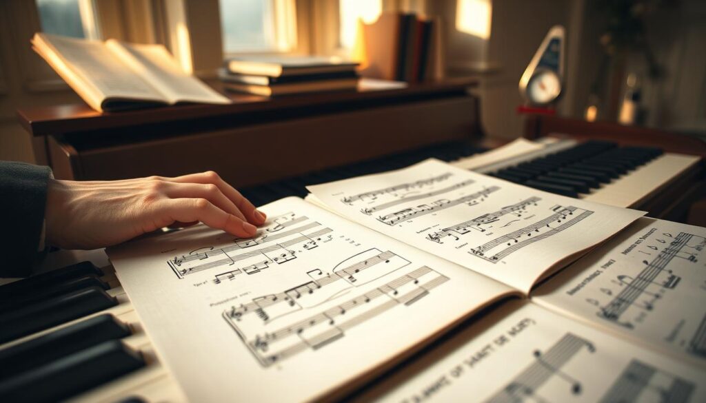 A close-up view of a piano keyboard filled with sheet music, showcasing common rhythm mistakes such as misplaced notes and irregular timing markings. The foreground features a pair of hands, dressed in professional attire, positioned over the keyboard, indicating a struggle with the rhythm. In the middle ground, several rhythm notation examples highlight errors like syncopation and uneven beats, artistically scattered on the sheet music. The background subtly displays a softly lit room with a music stand, books, and a metronome to enhance the learning atmosphere. Soft, warm lighting casts gentle shadows, creating a focused yet relaxed mood ideal for a learning environment. This image should clearly illustrate the theme of rhythm mistakes in piano practice.