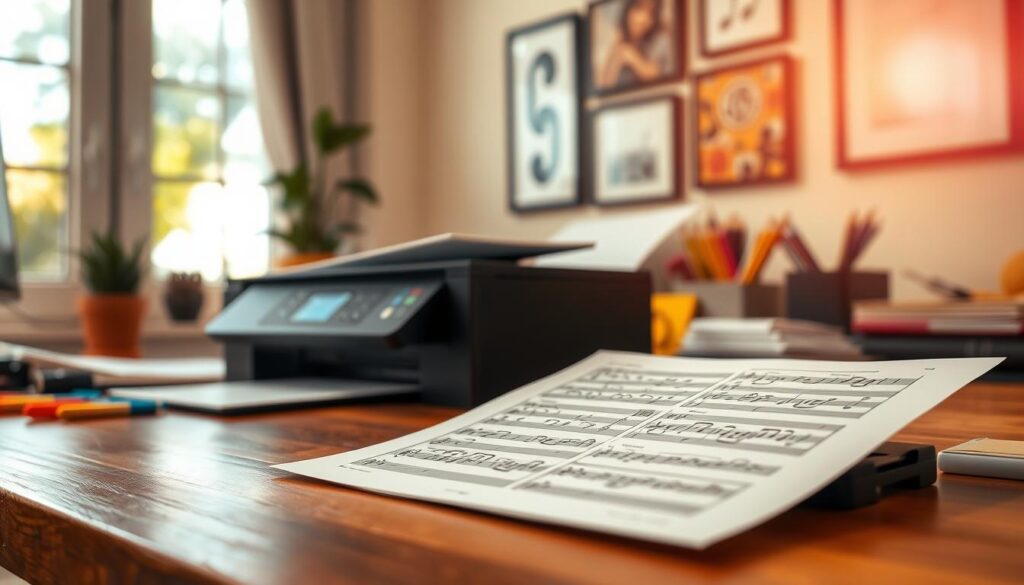 A cozy home office scene focusing on sheet music printing and formatting. In the foreground, a printed sheet music page rests on a wooden desk, showcasing clear, neatly formatted musical notes and symbols. A sleek black printer sits nearby, with a paper feed full of pristine sheets ready for printing. In the middle ground, a bright window lets in natural light, illuminating a potted plant and colorful stationery scattered around. In the background, a wall is adorned with framed music-themed art. The atmosphere is warm and inviting, creating a sense of productivity and creativity. Capture the scene with a soft focus lens, highlighting the details of the sheet music while maintaining a bright and airy mood.