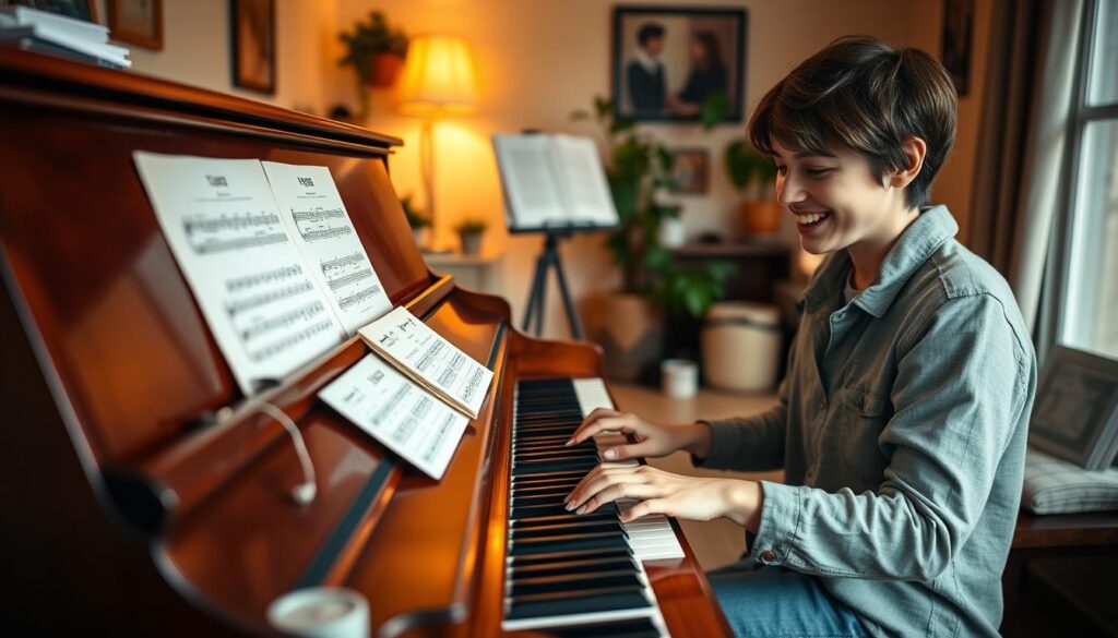 A cozy home setting for a beginner pop piano tutorial, featuring a polished wooden piano in the foreground. A person, wearing modest casual clothing, sits at the piano, focused and smiling, hands poised over the keys as they study sheet music. In the middle ground, there are colorful visual aids like chord charts and music notation pages spread around the piano. The background includes warm, soft lighting from a nearby window, with houseplants and a music stand. The atmosphere is inviting and encouraging, evoking the joy of learning music. The image captures a sense of progression and creativity, perfect for illustrating a tutorial article.