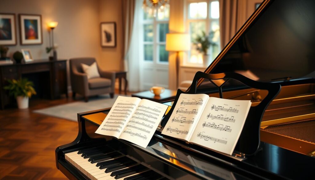 A cozy, inviting interior of a stylish living room featuring a polished grand piano as the central focus. In the foreground, sheet music for popular beginner songs rests open on the piano. In the middle ground, a comfortable armchair and a small side table with a coffee cup add warmth and a sense of relaxation. The background includes subtle home decor, like framed art and soft lighting from a floor lamp, creating a tranquil atmosphere. The scene is illuminated by warm, natural light streaming in from a window, enhancing the inviting feel. The overall mood is a sense of accomplishment and joy in learning, perfect for adult beginners exploring music.