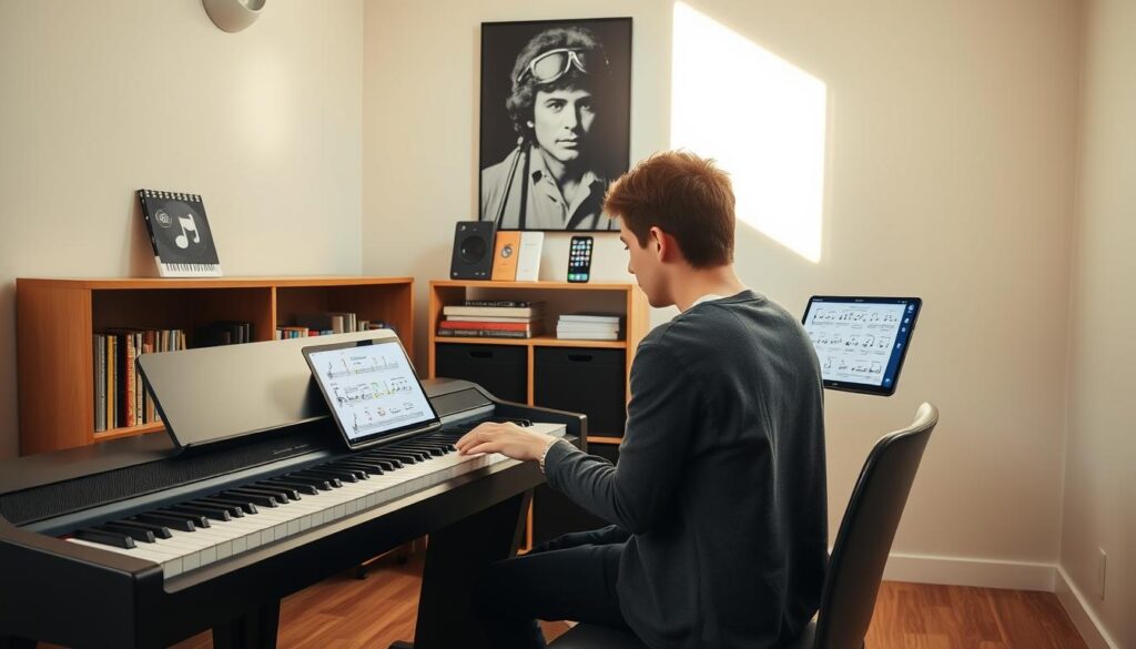 A cozy, well-lit room featuring a sleek digital piano positioned prominently in the foreground. A young adult, dressed in smart casual attire, sits focused at the piano, using a laptop to access online song tutorials. On the laptop screen, colorful music notes and tutorial icons are visible, showcasing a variety of popular songs. The middle of the scene includes a shelf filled with piano books and a smartphone displaying a music app. Soft natural light spills in through a window, creating a warm atmosphere that invites learning and creativity. In the background, a motivational poster of a famous musician hangs on the wall, enhancing the educational theme of online music learning. The overall mood is inspiring and encouraging for beginners.