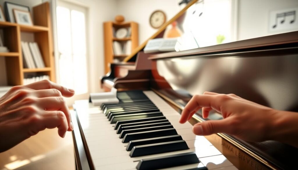 A focused scene showcasing a light-filled room designed for piano practice. In the foreground, a pair of hands, one on each side of the piano keyboard, showcase distinct finger movements with clarity, symbolizing hand independence. The left hand plays a simple bass line while the right hand crafts a melody, illustrating coordination in action. The middle ground emphasizes a shiny grand piano with polished wood and gleaming keys, inviting further exploration. Soft natural light streams in through a nearby window, casting gentle shadows that create a warm, inviting atmosphere. In the background, shelves lined with sheet music hint at various piano exercises. The overall mood is one of concentration and creativity, encouraging beginners to develop their skills.