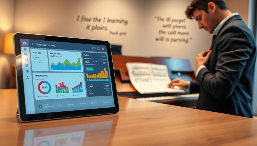 A modern, sleek workspace featuring a digital dashboard displaying piano progress tracking analytics. In the foreground, a tablet or laptop shows colorful graphs and charts depicting practice time, skill improvement, and song repertoire. The middle ground includes a polished wooden piano with sheet music laid out. In the background, soft ambient lighting creates a warm atmosphere, highlighting inspirational quotes on the wall about learning and music. A person dressed in smart casual clothing, focused and engaged with the device, is interacting with the digital interface. The scene conveys a sense of motivation and achievement in online piano learning, with clear visual cues to track progress. The perspective is slightly elevated, providing a comprehensive view of the setup, emphasizing organization and positivity in the learning process.