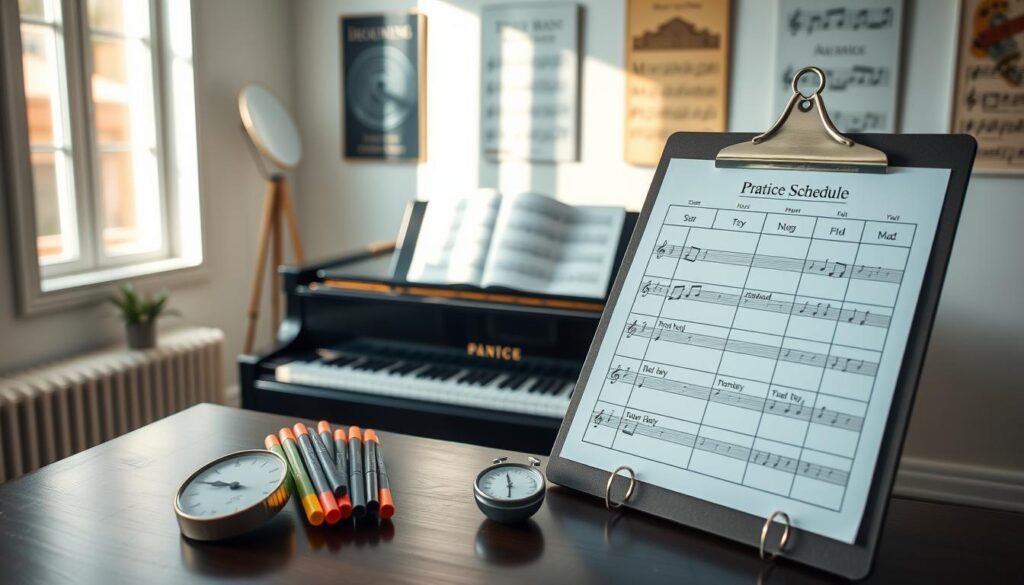 A serene and organized workspace centered around a grand piano, featuring an open practice schedule on a stylish clipboard. In the foreground, a neatly arranged set of colored markers and a metronome sit beside the clipboard, emphasizing a structured practice plan. The middle ground displays the piano, with sheet music scattered and easily accessible, while a soft light from a nearby window illuminates the scene, casting gentle shadows. In the background, a wall adorned with inspirational music posters creates an encouraging atmosphere. The overall mood is calm and focused, ideal for fostering discipline in a beginner’s piano practice routine, captured from a slightly elevated angle to emphasize the layout.