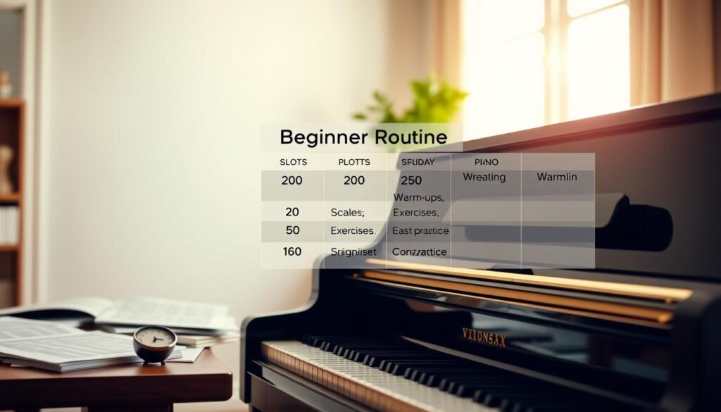 A serene and organized workspace featuring a polished, upright piano in the foreground, accompanied by a metronome and sheet music scattered thoughtfully. In the middle, a clear breakdown chart emphasizing time slots for beginner piano routines, visually separated into 20, 30, and 60-minute segments. Each time segment showcases distinct activities like warm-ups, scales, exercises, and song practice, illustrated with subtle color coding to enhance clarity. The background captures a softly lit room with natural light filtering through a window, casting a warm glow over the scene. The overall atmosphere is calm and focused, evoking a sense of dedication and structure to piano practice. Capture the image from a slight angle, providing depth and engagement, ensuring a professional and artistic presentation.