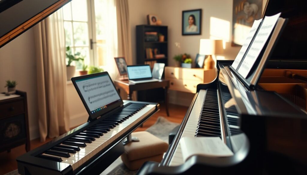 A serene home office setting with a grand piano in the foreground, an enthusiastic student sitting at the piano, wearing comfortable yet professional attire, practicing sheet music. The student is visibly focused, hands poised above the keys. In the middle ground, a laptop open, displaying online piano lessons, with a few scattered sheet music pages. The background features warm, natural lighting streaming through a window, casting soft shadows, and a tasteful music-themed decor. The atmosphere conveys a sense of tranquility and concentration, perfect for learning and mastering piano techniques. The scene is shot from a slightly elevated angle to capture both the student and the piano's detailed craftsmanship.