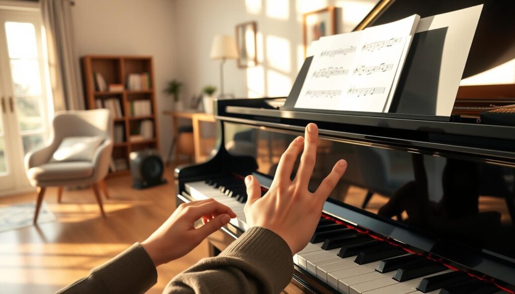 A serene indoor piano setting showcases a polished grand piano with an open sheet music display, highlighting beginner finger exercises. In the foreground, a pair of hands in modest casual clothing, fingers positioned over the keys, demonstrate simple finger drills like scales and five-finger exercises. Soft, warm natural light filters through a nearby window, casting gentle shadows and creating a calm atmosphere. The middle ground features a comfortable music chair, a metronome, and scattered music sheets. The background includes a bookshelf filled with music books and a wall adorned with subtle artwork, evoking a sense of creativity and focus. The overall mood is inviting and encouraging, perfect for beginners eager to develop hand coordination at the piano.