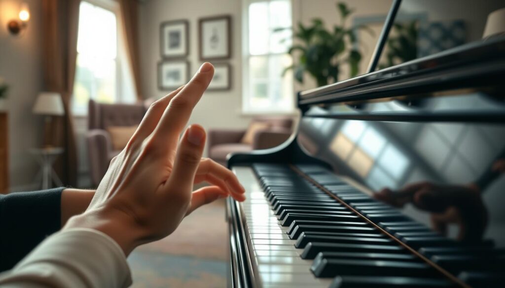 A serene indoor setting focused on a grand piano, highlighting a pair of hands positioned elegantly above the keys, engaging in beginner-friendly finger exercises. In the foreground, the hands are depicted in a close-up view, with fingers poised and relaxed, emphasizing proper posture to prevent strain. The middle ground includes the piano, its polished surface reflecting soft natural light streaming through a nearby window, enhancing the warm atmosphere. The background features subtle décor like musical notes framed on the wall and a cozy chair, creating an inviting, educational space. The overall mood is calm and encouraging, with soft, diffused lighting that promotes a sense of tranquility and focus on beginner piano practice.