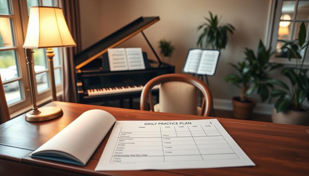A serene, inviting workspace tailored for a busy schedule, featuring a grand piano positioned neatly in a cozy corner. In the foreground, a neatly organized daily practice plan rests on an elegant wooden desk, highlighted by a soft glow from a nearby lamp. The plan is filled with structured time slots, emphasizing brief yet effective practice sessions. In the middle ground, a comfortable chair faces the piano with sheet music propped up, creating an atmosphere of focus and determination. The background includes a large window letting in warm, natural light, enhancing the peaceful ambiance. The color palette consists of soft earth tones with a hint of greenery from potted plants, evoking a sense of calm and motivation for beginners to embrace their musical journey.
