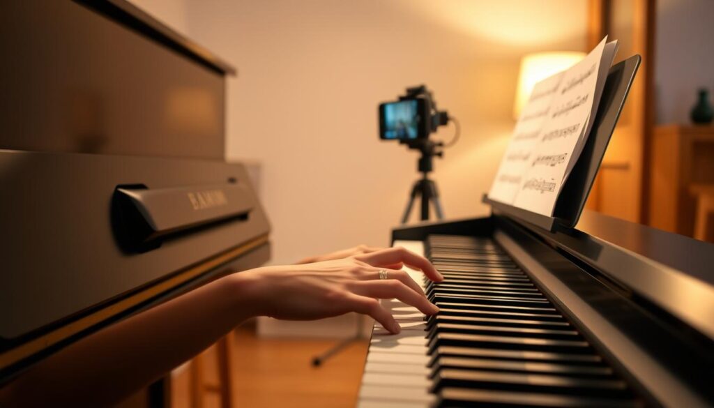 A serene piano practice setting, showcasing a beginner pianist focused on achieving hand independence. In the foreground, a pair of hands delicately poised over the piano keys, with one hand playing a bass note while the other executes a melody. The middle ground features a well-lit video recording setup, with a smartphone or tablet mounted on a stand, capturing the pianist’s movements. The background includes a softly blurred room with warm wooden tones, a music stand with sheet music, and ambient lighting that emphasizes a calm, productive atmosphere. The scene evokes a sense of concentration, learning, and musical growth. Use a warm color palette to enhance the inviting feel.