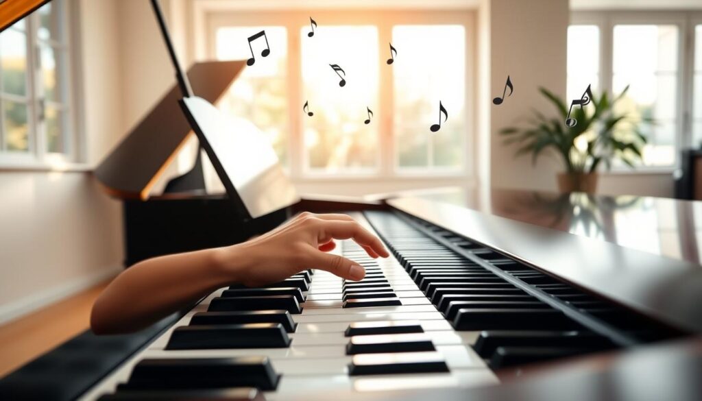 A serene piano studio setting, showcasing a clean, polished grand piano as the focal point in the foreground. The middle layer features a pair of hands, gracefully positioned on the piano keys, demonstrating easy finger exercises for beginners. Each finger is poised in a deliberate, relaxed posture, emphasizing dexterity. The background includes soft, warm lighting filtering through large windows, creating a cozy atmosphere. Subtle musical notes float in the air, symbolizing creativity and flow. The entire scene conveys a sense of calm and focus, perfect for a daily routine in learning piano. Capture this from a slightly elevated angle to enhance the visual connection between the hands and the piano keys, ensuring clarity and detail.