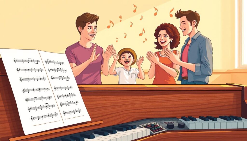A vibrant and engaging illustration depicting beginner rhythm exercises for piano practice. In the foreground, a wooden piano with sheet music open to simple rhythmic patterns, featuring note values and basic timing techniques. The middle ground showcases a group of diverse individuals—two adults and a child—happily tapping their hands in unison, demonstrating rhythm exercises. They are dressed in casual yet neat clothing, embodying a friendly and encouraging atmosphere. In the background, soft music notes float through the air, symbolizing creativity and fun. Warm, natural lighting illuminates the scene, creating a joyful and inspiring mood. The composition is viewed from a slightly elevated angle, providing a dynamic perspective that encourages engagement with the practice concepts.