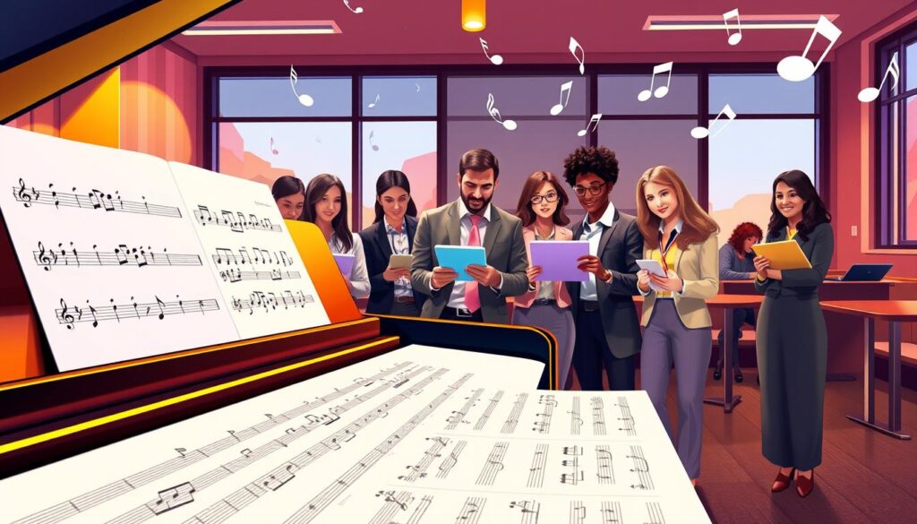 A vibrant and engaging illustration of piano rhythm counting techniques designed for a digital learning environment. In the foreground, display a polished grand piano with sheet music open, featuring clear notation and rhythmic counting symbols. In the middle ground, depict a diverse group of focused learners, dressed in business casual attire, actively engaged in a counting exercise, following along with a digital tablet showing animated rhythm patterns. The background should have a modern classroom setting with warm lighting, large windows letting in natural light, and musical notes floating in the air to evoke a sense of creativity and movement. The overall mood is inspiring and dynamic, emphasizing interaction and engagement in music learning.