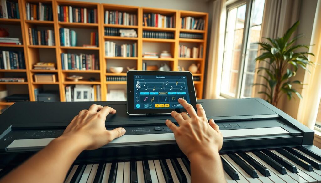 A vibrant and engaging music room showcasing a modern piano with two hands actively playing different melodies. The foreground features a pair of hands, one on the left side of the keyboard and the other on the right, illustrating the concept of hand independence. In the middle, a digital tablet is laid on the piano, displaying an interactive game interface with colorful notes and buttons. The background includes a neatly arranged bookshelf filled with music books and a large window letting natural light pour in, casting a warm glow. The atmosphere is lively and inspiring, encouraging learning and creativity in a cozy, professional setting. The overall composition should be dynamic, with a focus on the hands and the digital interaction, captured from a slightly elevated angle to emphasize the piano's keyboard details.