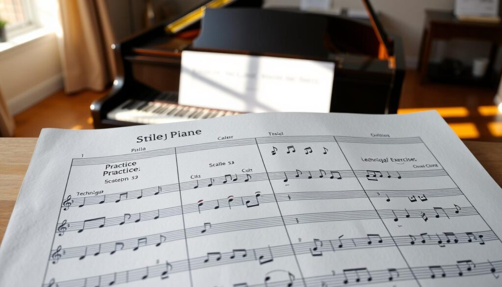 A visually appealing and organized beginner piano practice schedule displayed on a sheet of music paper. The foreground features neatly arranged sections for daily practice objectives including scales, simple songs, and technique exercises, illustrated with colorful musical notes and symbols. In the middle, a simple, elegant grand piano is partially visible to represent the instrument, with a soft, warm light illuminating its polished surface. Soft shadows add depth to the scene. In the background, a cozy room with wooden floors and a music stand holding beginner piano books creates a welcoming atmosphere. The lighting is bright yet soft, providing a motivating and inspiring mood suitable for beginners eager to improve their skills. No text or overlays.