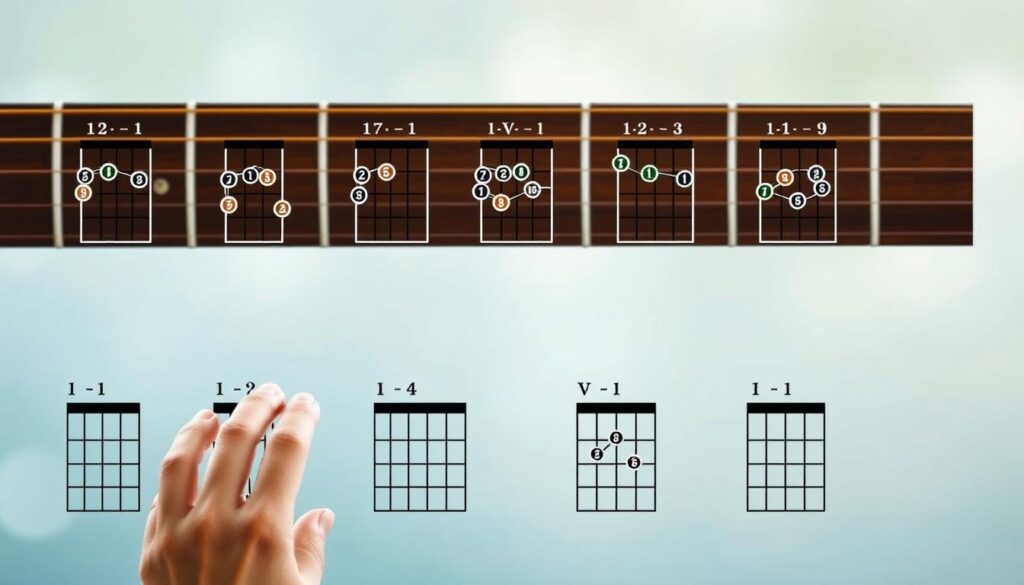 A visually engaging chord practice progression diagram, featuring detailed illustrations of various chord shapes and finger placements. In the foreground, show clear representations of major, minor, and seventh chords with labeled finger positions. The middle layer should include a structured progression, such as I-IV-V-I, with arrows to demonstrate movement between chords. In the background, a subtle gradient of blues and greens creates a calming atmosphere, evoking the essence of music theory. Soft, natural lighting highlights the diagram, ensuring clarity and focus. The composition should possess a clean, educational style, ideal for illustrating the concept of how chord progressions function in songs while maintaining a professional and informative mood.